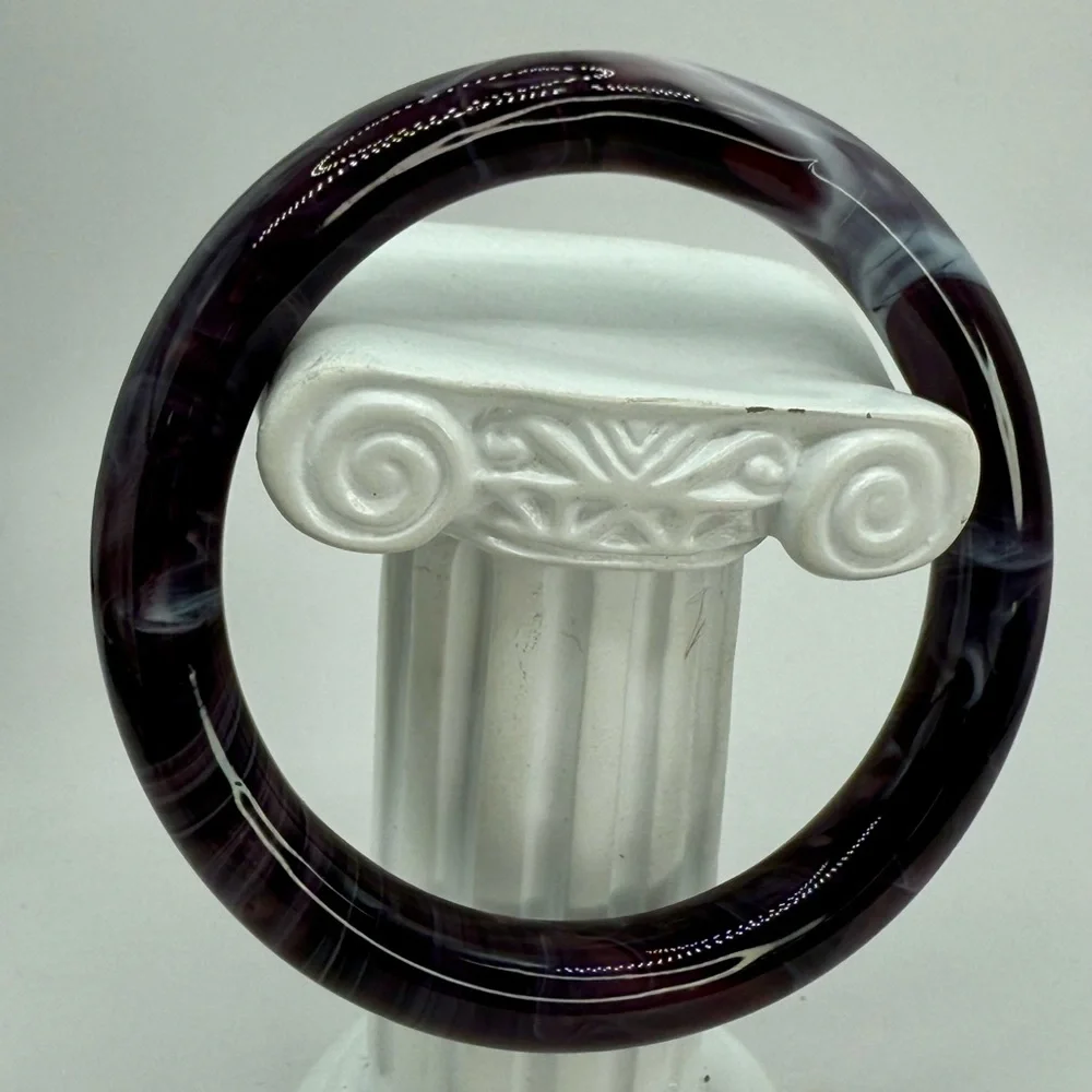 Vintage Chinese Glass Bangle – Black, Purple & White Swirl – Size 7.5